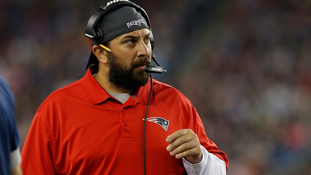 Aug 15, 2014; Foxborough, MA, USA; New England Patriots defensive coordinator Matt Patricia on the sideline as they take on the Philadelphia Eagles in the first half during the preseason game at Gillette Stadium. The New England Patriots defeated the Philadelphia Eagles 42-35. Mandatory Credit: David Butler II-USA TODAY Sports